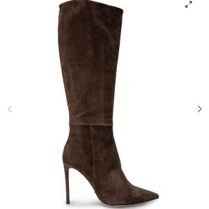 Knee-high brown suede stiletto heel boots